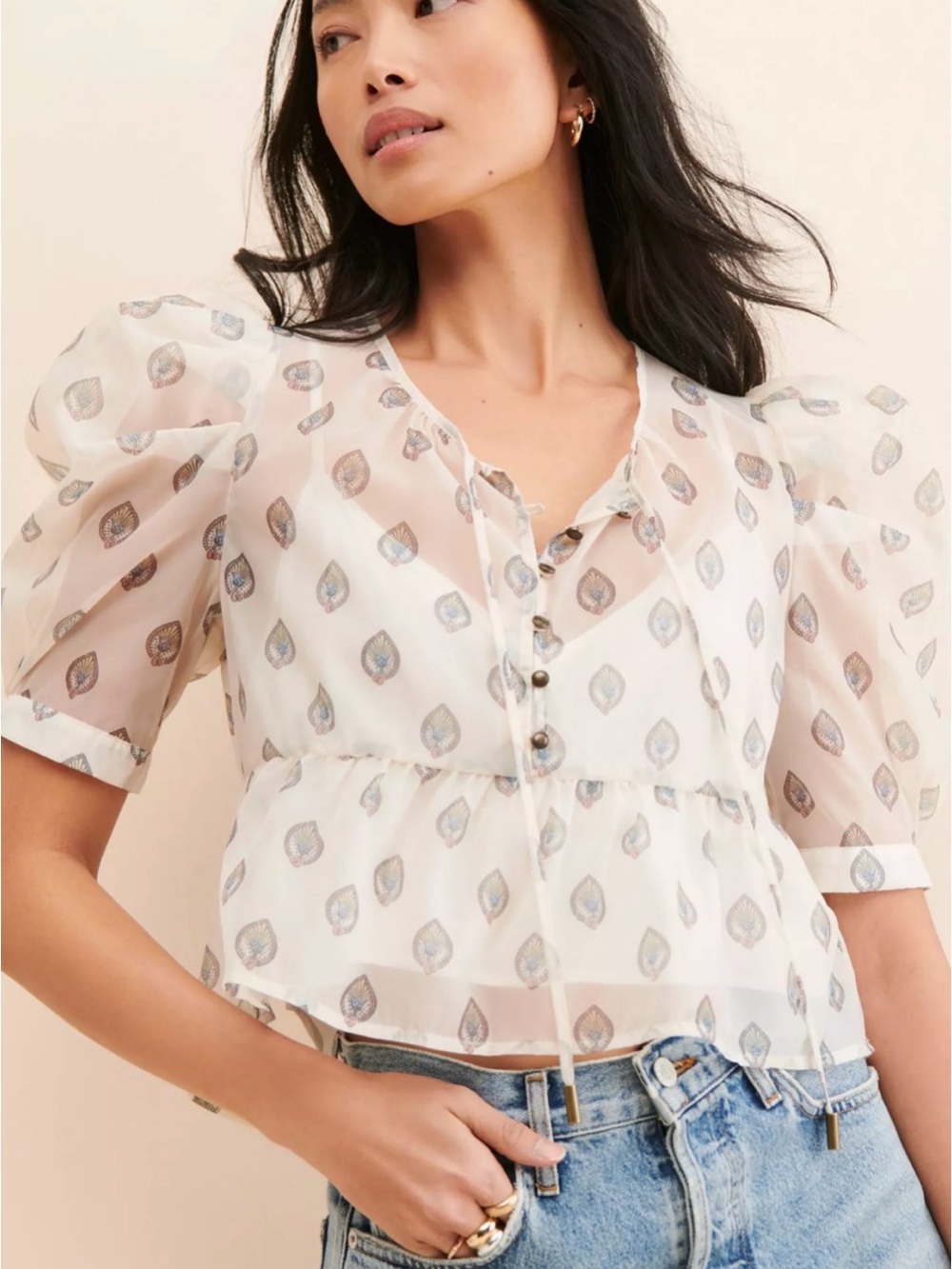 Anthropologie NWT Sheer Ivory Blouse with Metallic Teardrop Motif